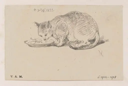 A cat eating from a plate, by George Chinnery