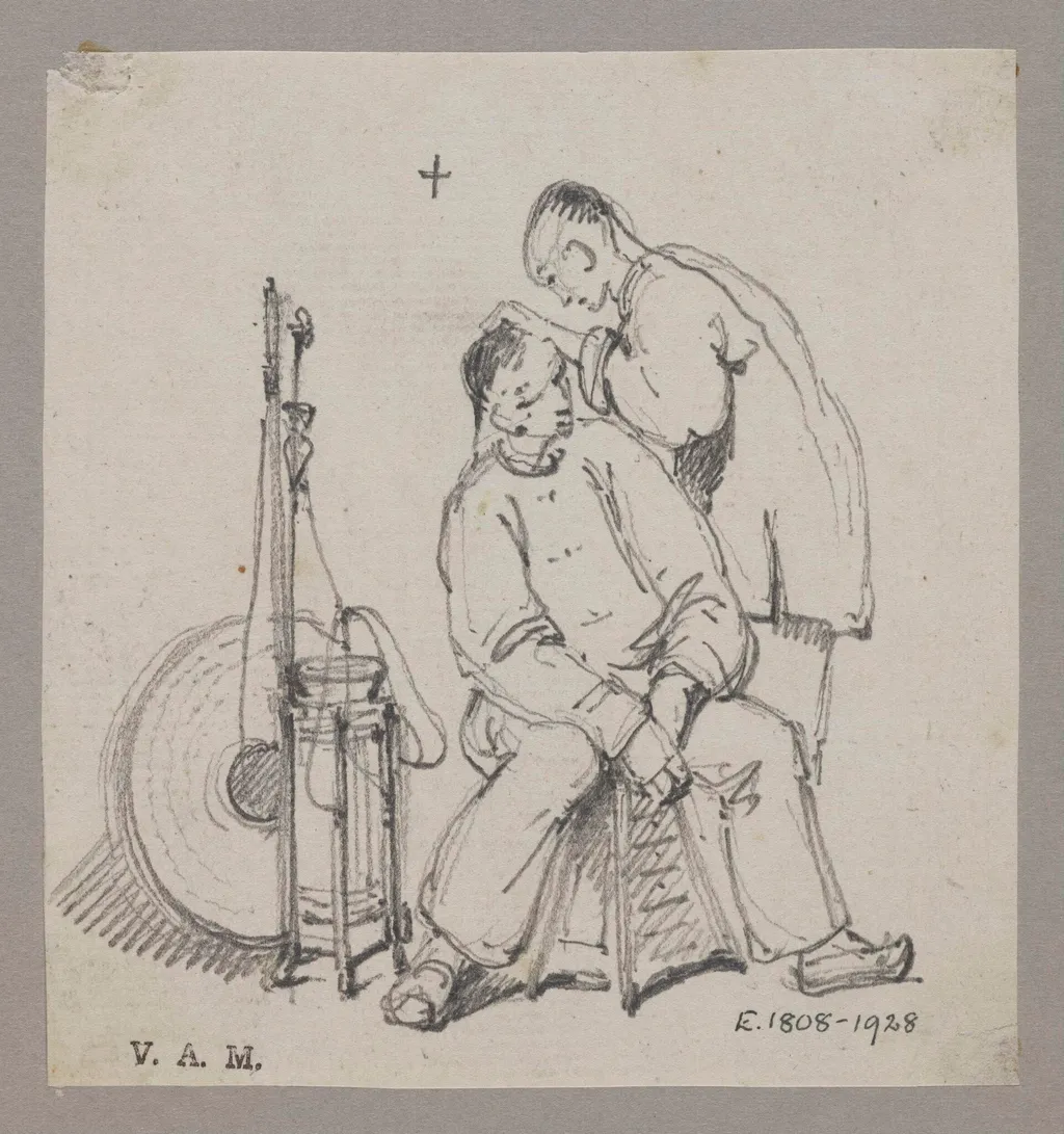 A Chinese barber and customer, by George Chinnery, 19