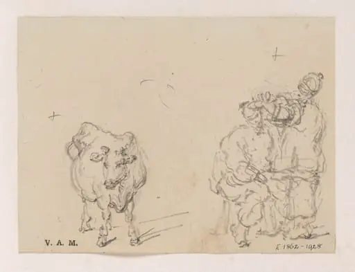 A Chinese barber and customer, and a cow, by George Chinnery