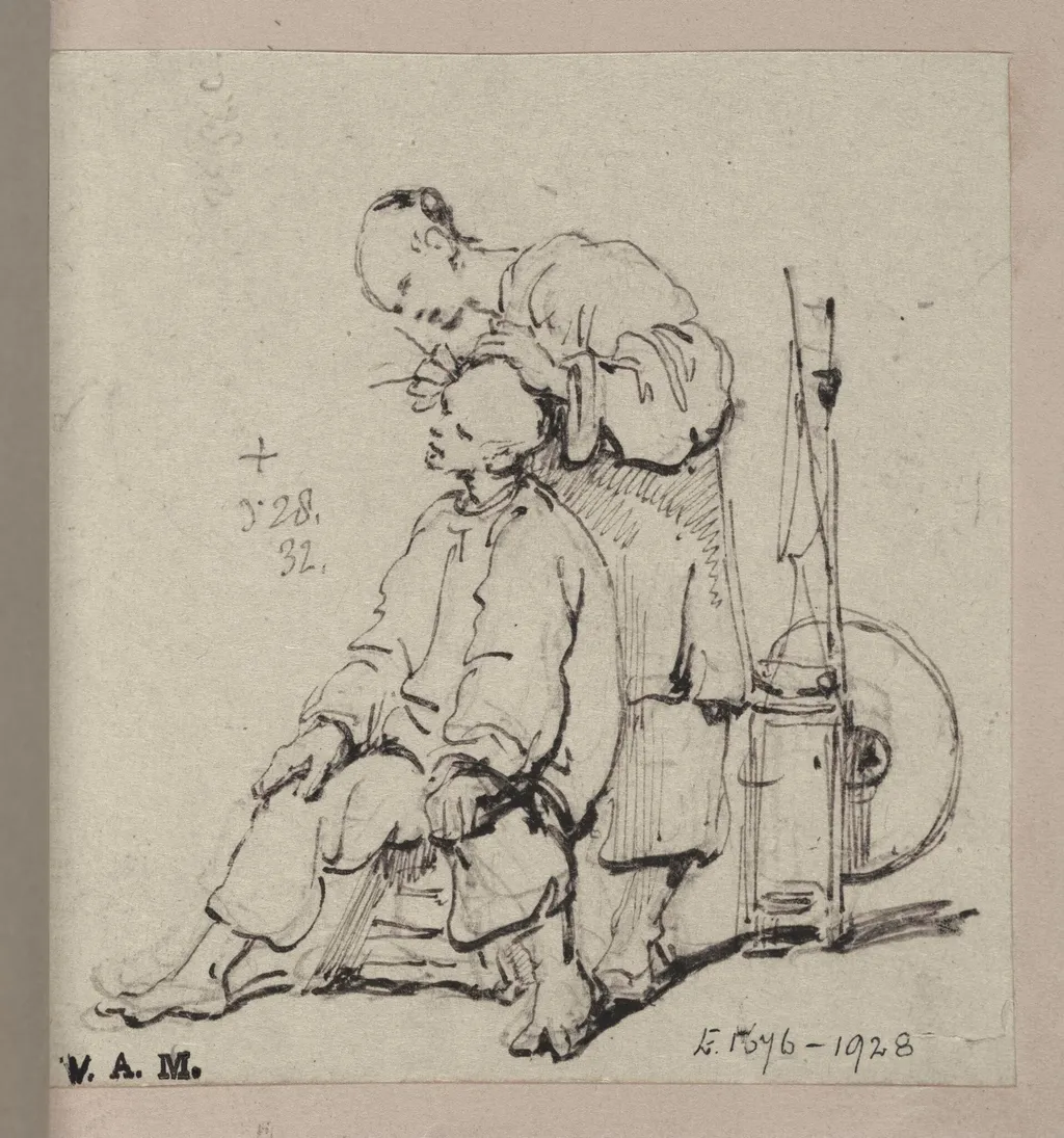 A Chinese barber attending to his customer, by George Chinnery, 16