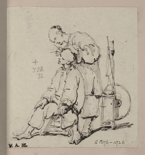 A Chinese barber attending to his customer, by George Chinnery
