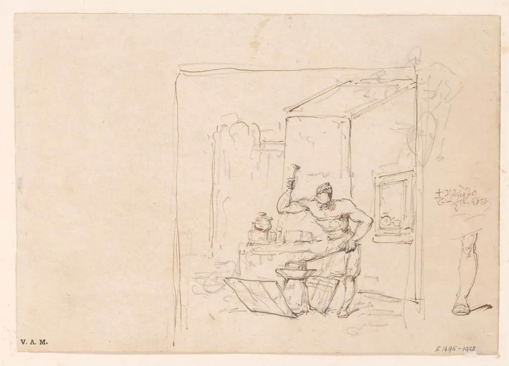 A Chinese blacksmith hammering at his anvil, by George Chinnery, 14