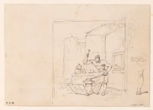 A Chinese blacksmith hammering at his anvil, by George Chinnery