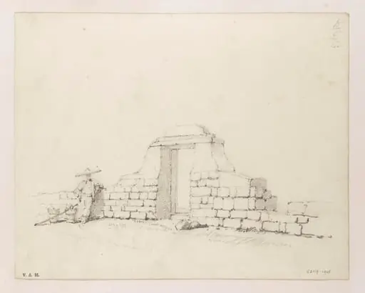 A Chinese figure by a doorway in a stone wall, by George Chinnery