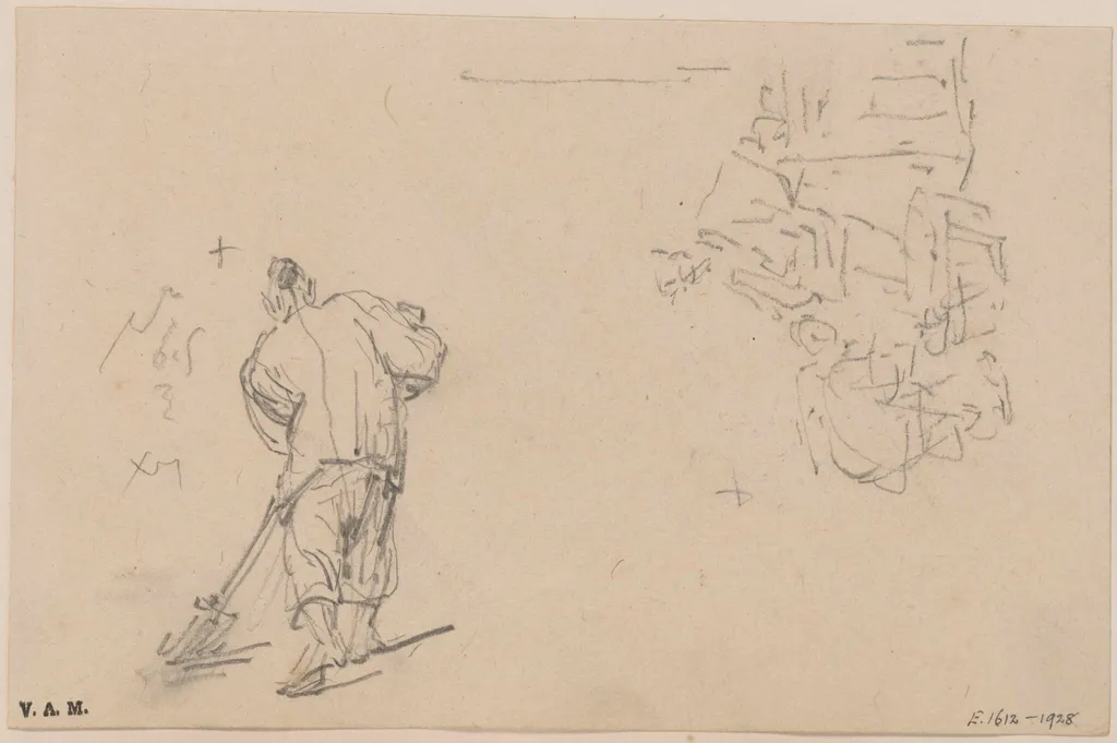A Chinese figure sweeping, and two figures by a basket, by George Chinnery, 19