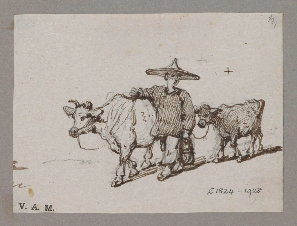 A Chinese figure with a cow and calf, by George Chinnery, 1850