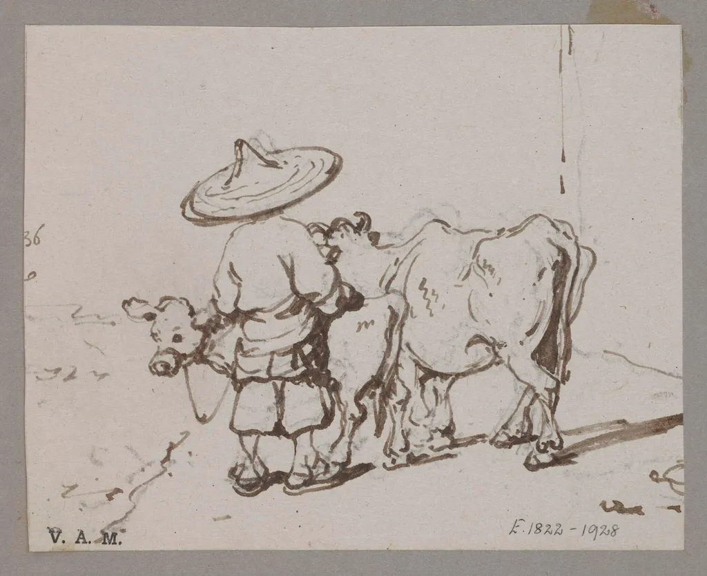 A Chinese figure with a cow and calf, by George Chinnery, 1