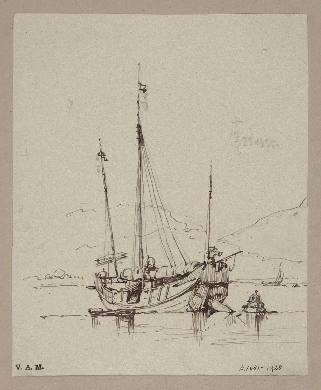 A Chinese junk with sail furled, by George Chinnery, 16