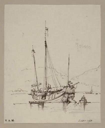 A Chinese junk with sail furled, by George Chinnery