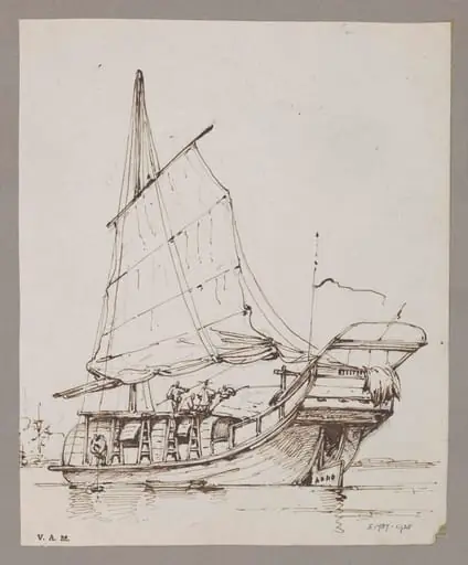 A Chinese junk with sail set, by George Chinnery