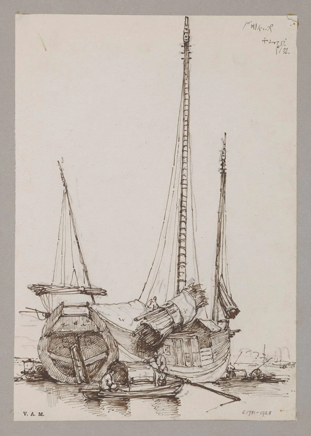 A Chinese junk with timbers being hauled aboard, by George Chinnery, 12