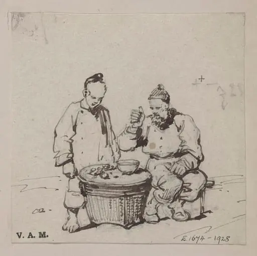 A Chinese man and boy beside a bowl placed on a basket, by George Chinnery