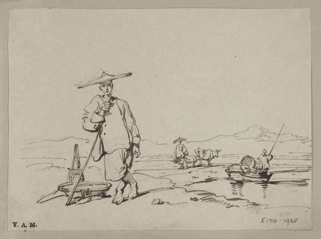 A Chinese man leaning on a staff, by George Chinnery, 19