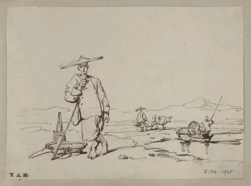A Chinese man leaning on a staff, by George Chinnery