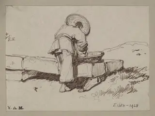 A Chinese man leaning over a basket placed on a stone block, by George Chinnery, 4