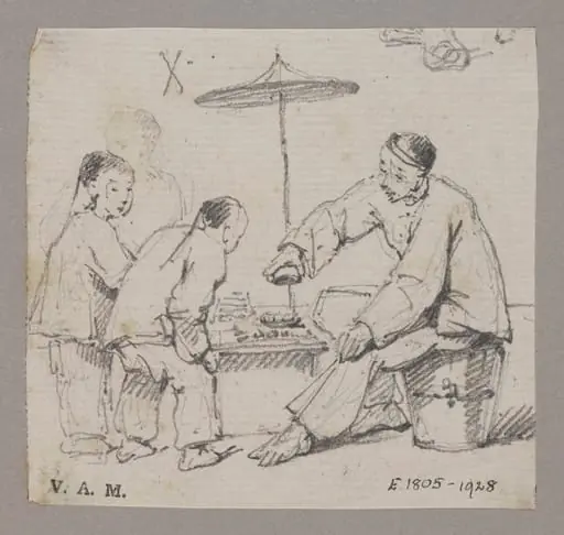 A Chinese man seated at a table, watched by two children, by George Chinnery