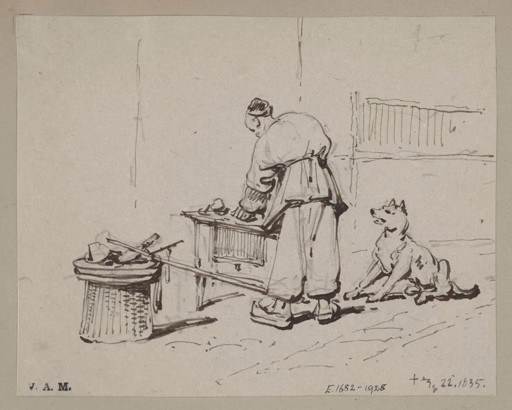 A Chinese man stooping over a table, watched by a dog, by George Chinnery, 16