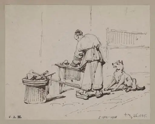 A Chinese man stooping over a table, watched by a dog, by George Chinnery
