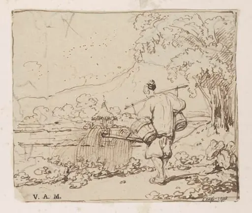 A Chinese man watering plants, by George Chinnery