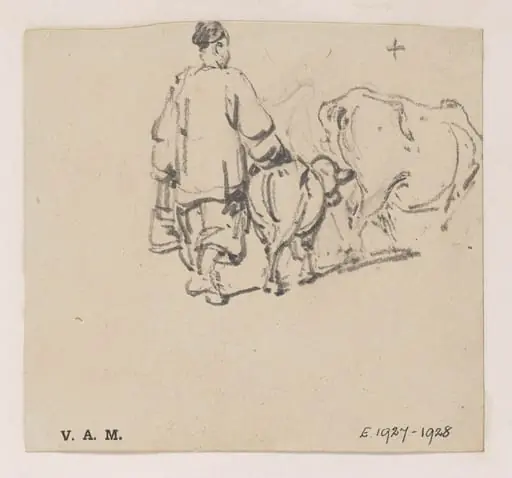 A Chinese man with a cow and calf, by George Chinnery