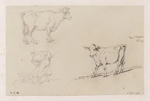 A Chinese man with a pole and basket, and two cows, by George Chinnery