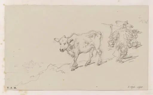 A Chinese porter and a cow, by George Chinnery