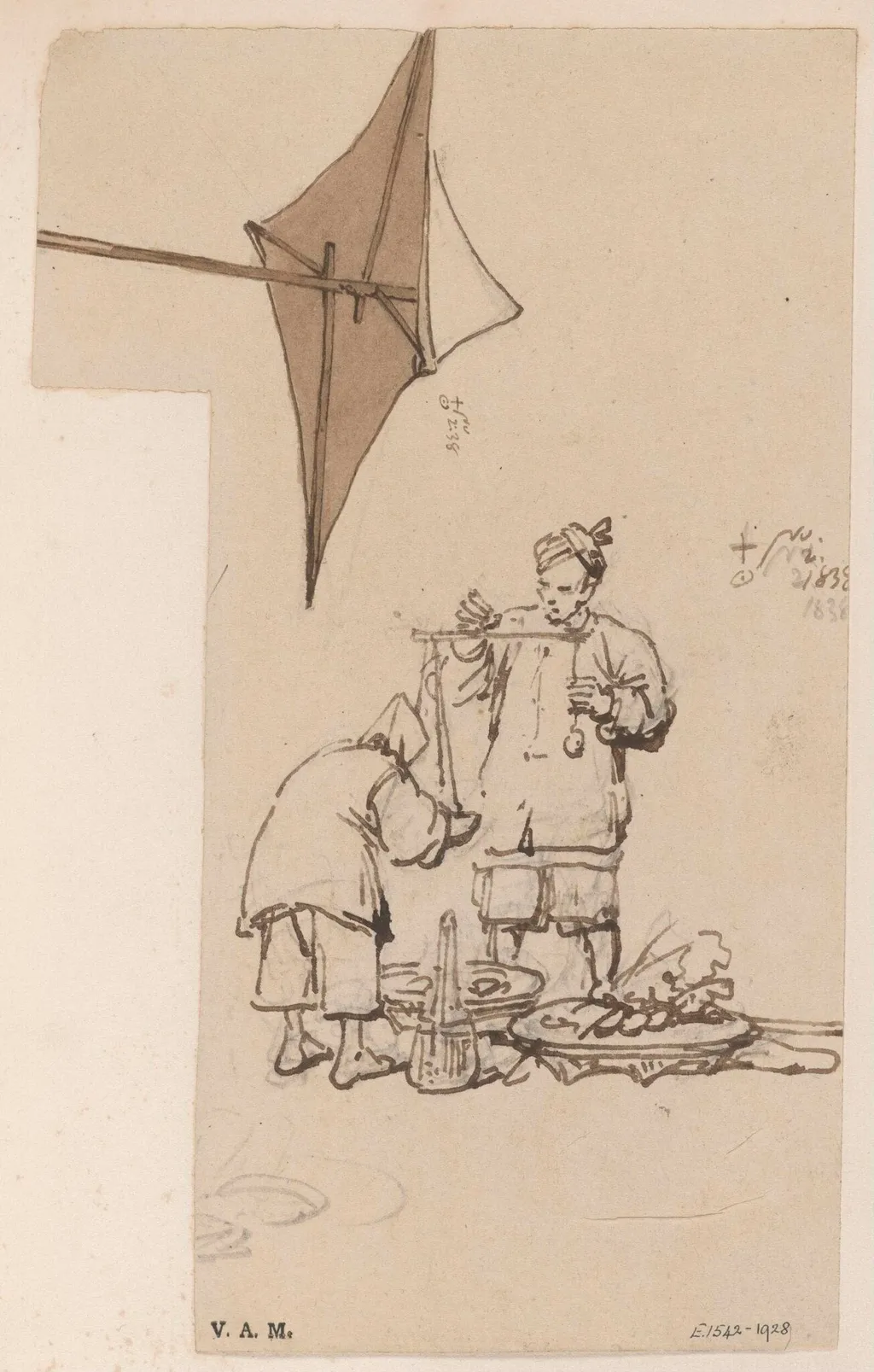 A Chinese vendor weighing his produce, and a sunshade, by George Chinnery, 3