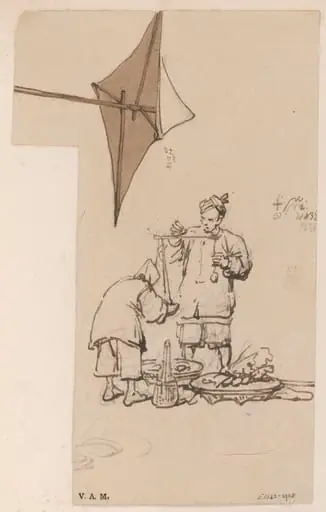 A Chinese vendor weighing his produce, and a sunshade, by George Chinnery