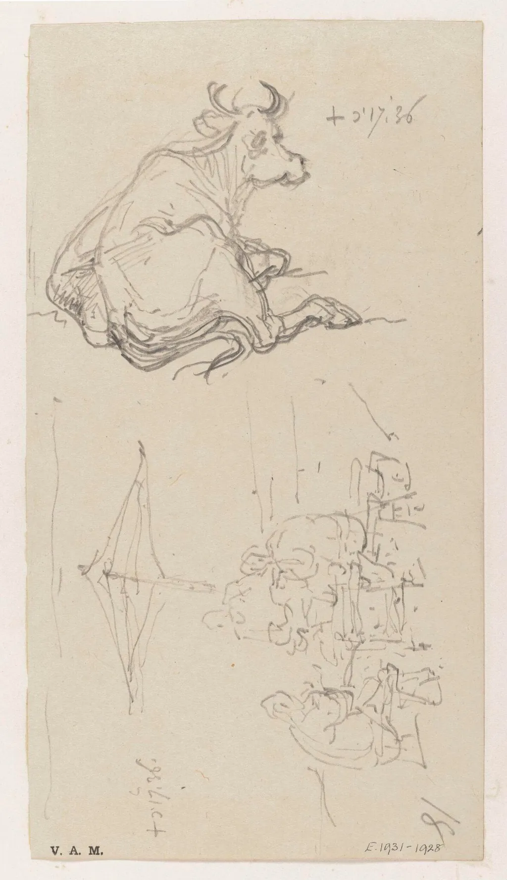 A cow, and a group of figures beneath a parasol, by George Chinnery, 11