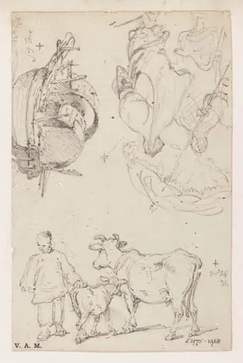 A cow and calf, a Tanka boat, and a Macanese woman and servant, by George Chinnery