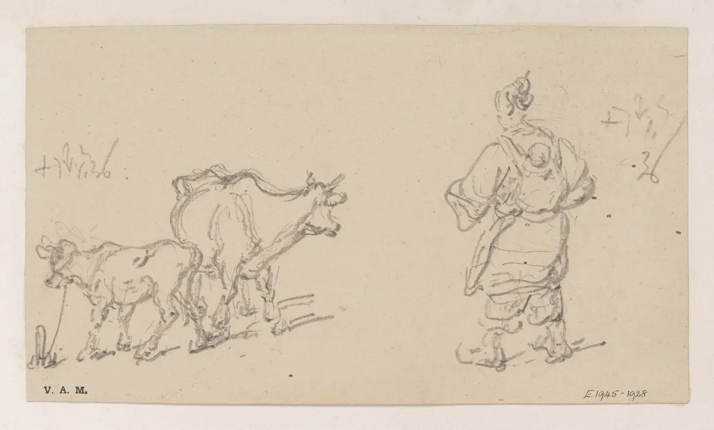 A cow and calf, and a boatwoman with a child on her back, by George Chinnery, 2