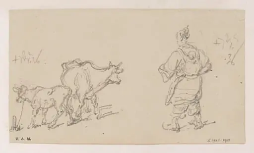 A cow and calf, and a boatwoman with a child on her back, by George Chinnery