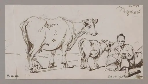 A cow and calf, with a crouching figure, by George Chinnery