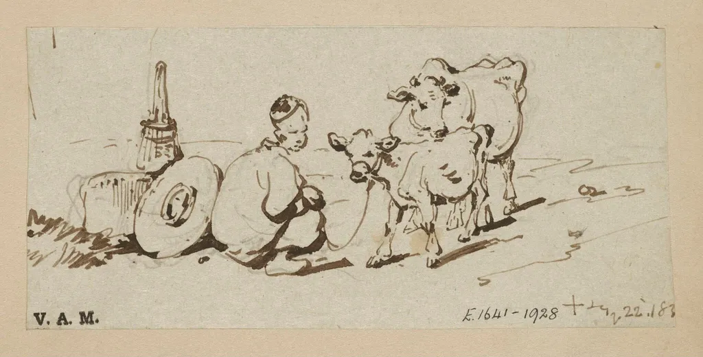A crouching Chinese figure by a tethered calf and cow, by George Chinnery, 1