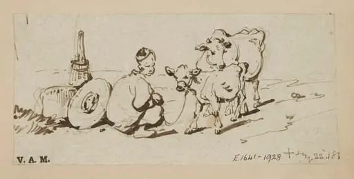 A crouching Chinese figure by a tethered calf and cow, by George Chinnery