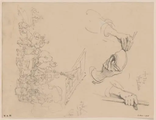 A crowded food stall, and of hands holding a bowl and a pole, by George Chinnery