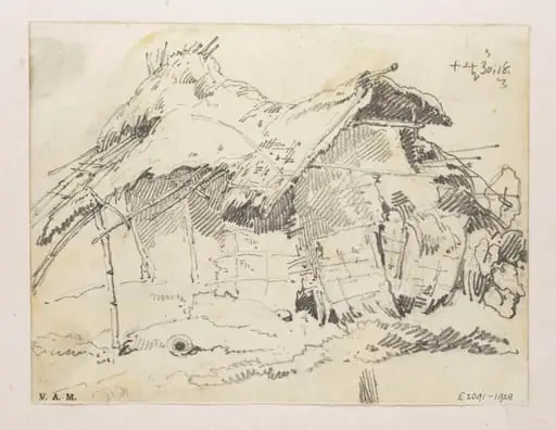 A dilapidated Indian village dwelling, by George Chinnery