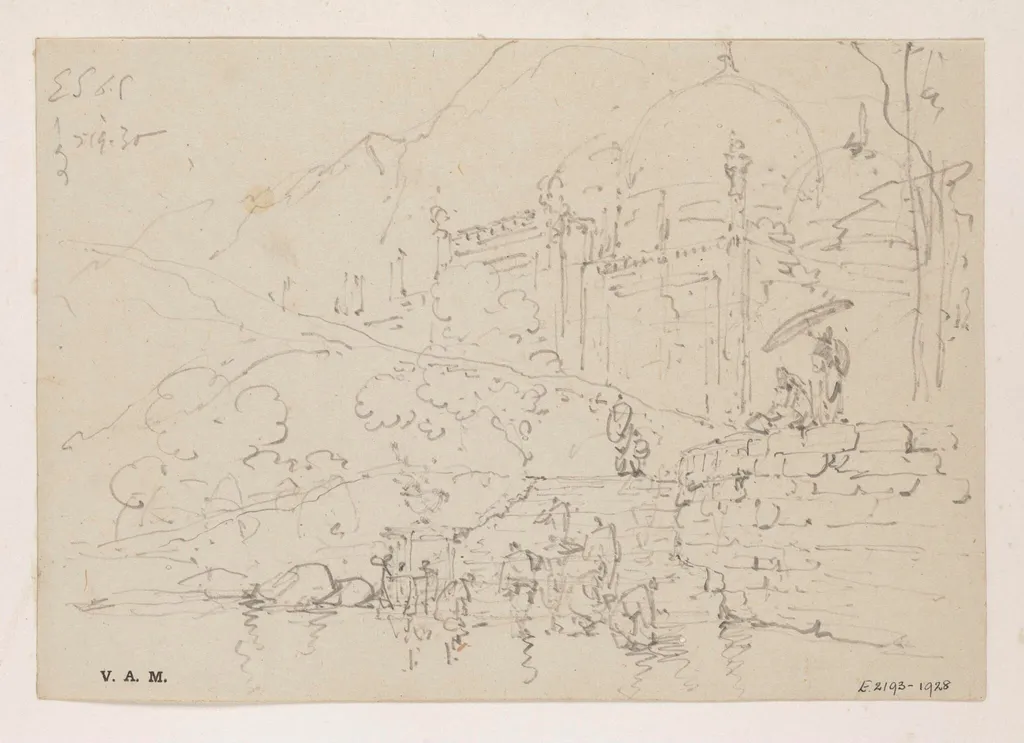 A domed tomb in India, with steps leading down to water, by George Chinnery, 12
