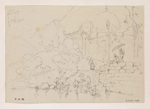 A domed tomb in India, with steps leading down to water, by George Chinnery