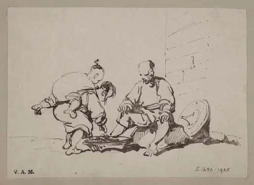 A drawing by GeA vendor and a stooping woman with a child on her back, by George Chinnery