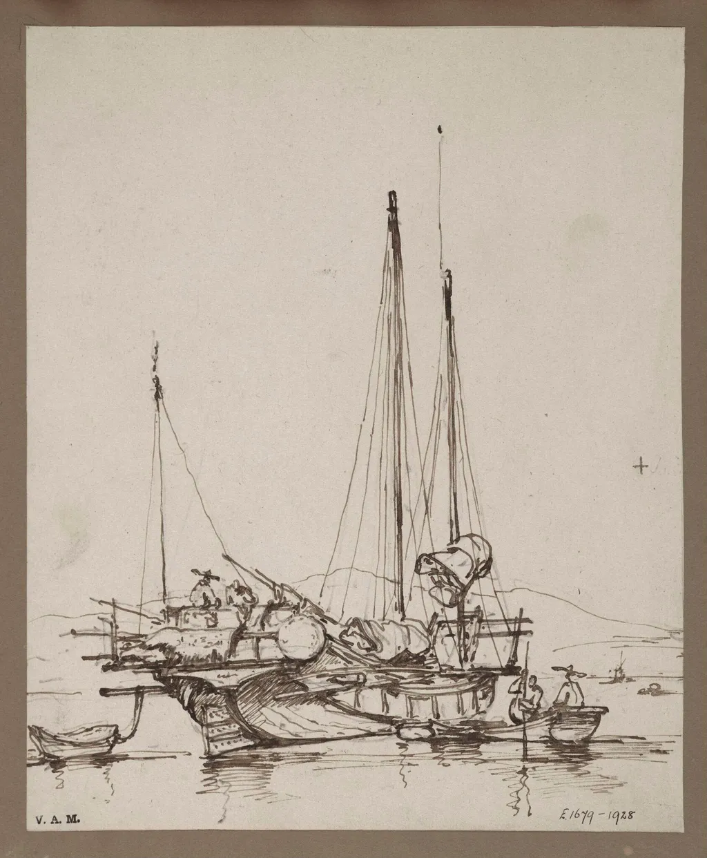 A drawing by George Chinnery of aA Chinese junk, with figures aboard and small craft alongside, by George Chinnery, 19