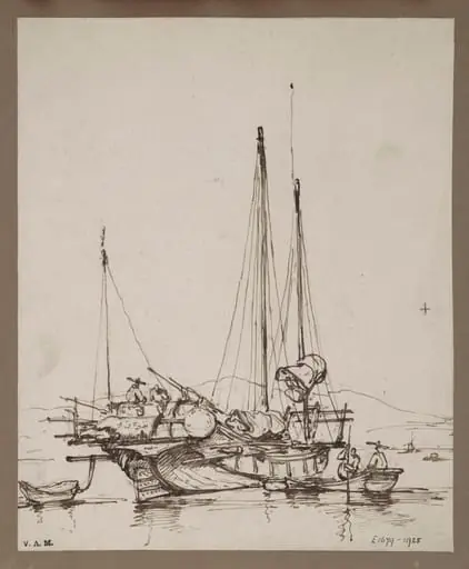 A drawing by George Chinnery of aA Chinese junk, with figures aboard and small craft alongside, by George Chinnery