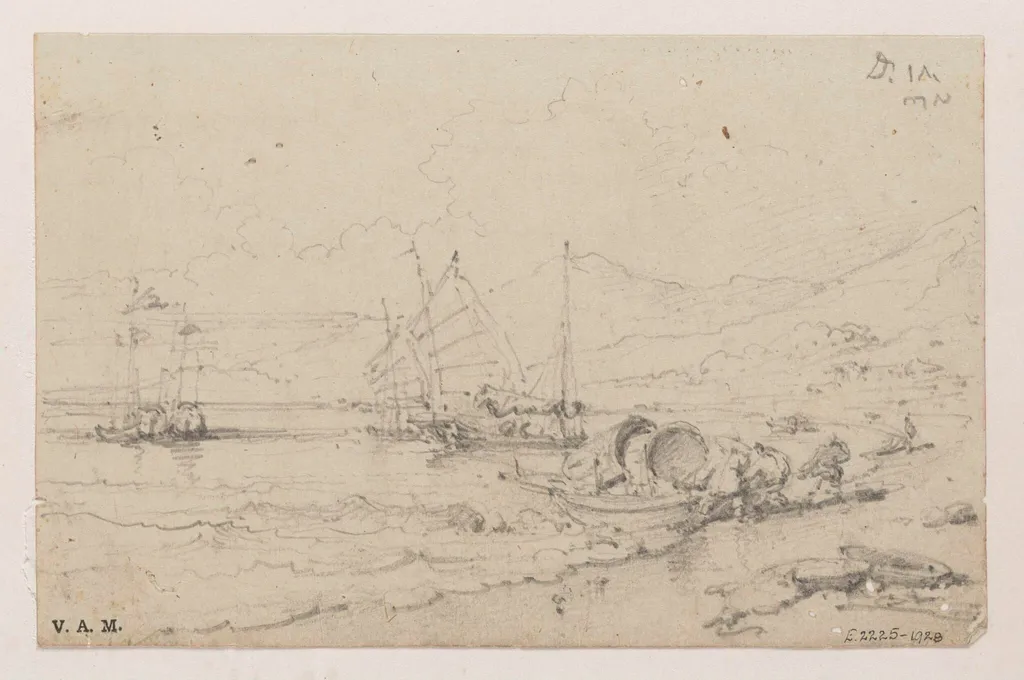 A drawing of the Praya Grande, Macau, with figures beaching a Tanka boat and other craft in the bay, by George Chinnery, 19