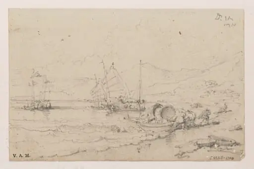 A drawing of the Praya Grande, Macau, with figures beaching a Tanka boat and other craft in the bay, by George Chinnery