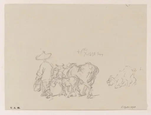 A figure leading a cow and calf, and a kneeling goat, by George Chinnery