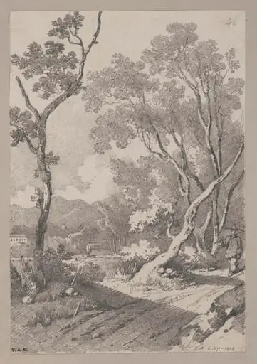 A figure on a path between rocks and trees, by George Chinnery