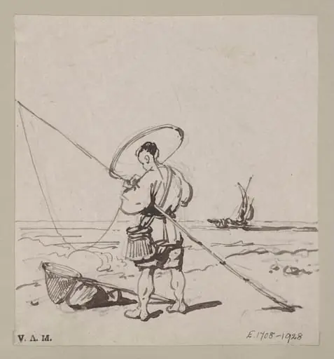 A fisherman by the sea with rod, line and net
