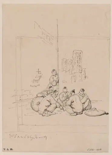A group of Chinese figures at a street corner, by George Chinnery