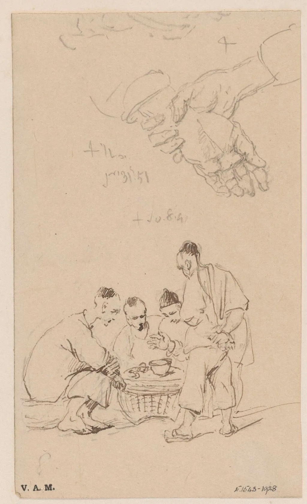A group of game-players, and a study of clasped hands, by George Chinnery, 7