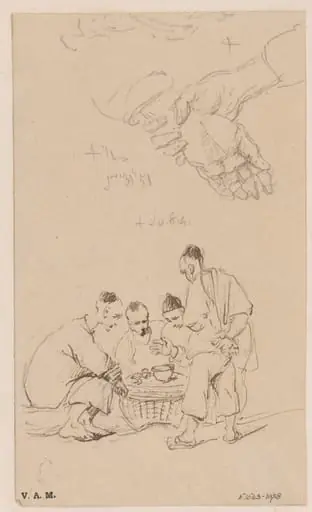 A group of game-players, and a study of clasped hands, by George Chinnery